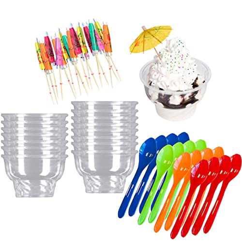 Dessert Serving Kit with 16 Clear Cups, Bright Spoons & Umbrella Picks