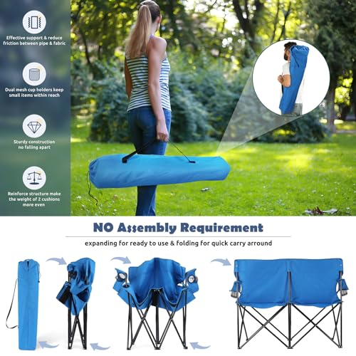 Double Seat Folding Camping Chair - Portable Outdoor Lounge for 2 with Storage Bag