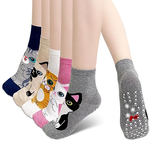 Hellomamma Non Slip Yoga & Ballet Socks for Women - Animal Pattern, 5-Pack - Cat Variation