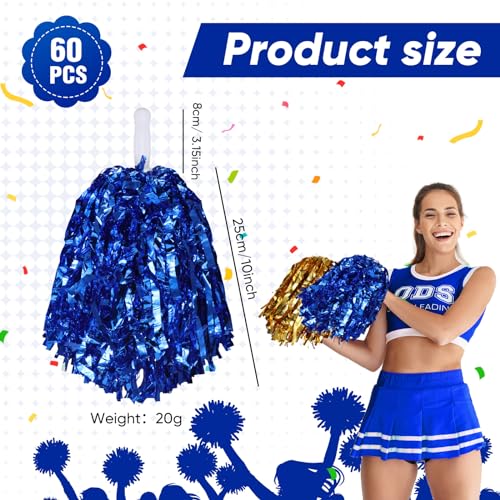 Cheerleading Pom Poms Set with Baton Handles - Gold and Blue, 60 Pieces