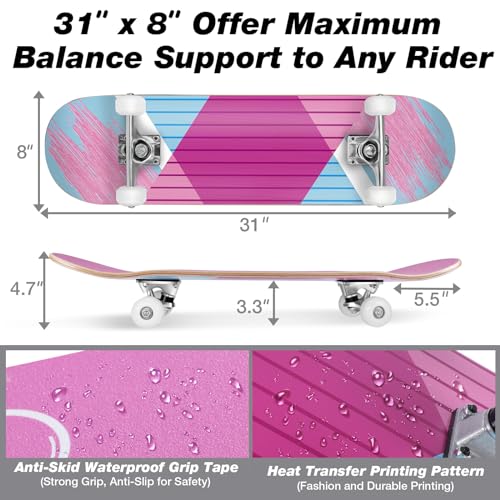 BELEEV Light Pink Complete Skateboard for Beginners 31x8 Inch Kids Teens Adults