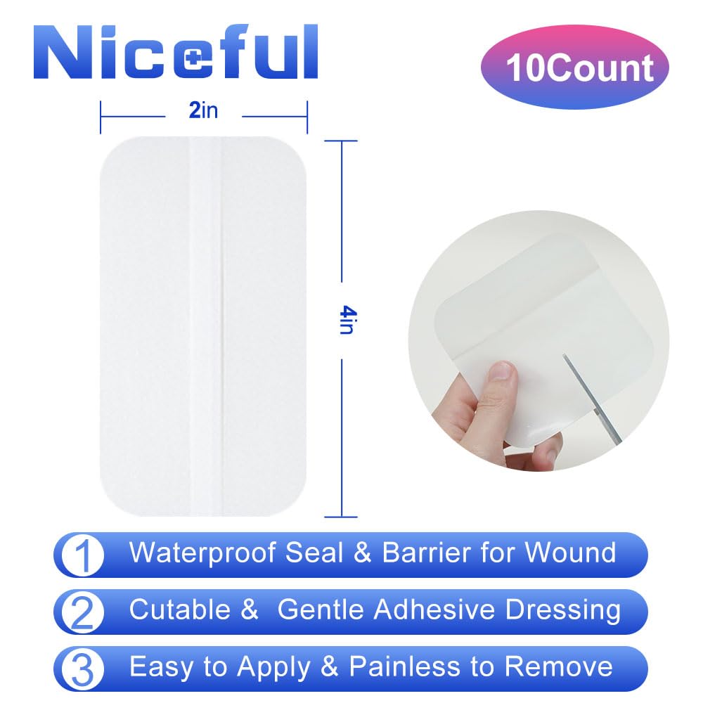 Niceful 10 Count Hydrocolloid Bandages Large, 2" x 4" Hydrocolloid Wound Dressing Extra Thin for Light Exudate, Hydrocolloid Gel Bandages Fast Healing