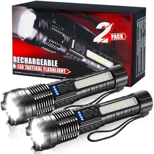 2 Pack LED Rechargeable Flashlights, 90,000 High Lumens Super Bright Flash Light, 7 Modes with COB Light, IPX6 Waterproof, Adjustable Focus Tactical Flashlights for Home Camping and Emergencies