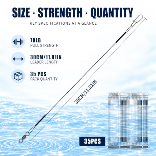 70LB Stainless Steel Fishing Wire Leaders - 11.81in, Pack of 35 - Heavy Duty