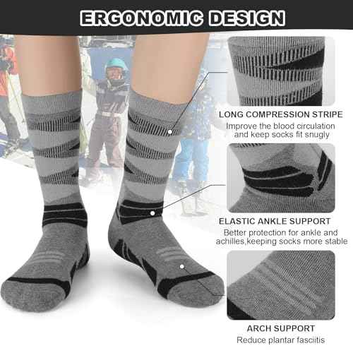 Winter Warm Kids Ski Socks - 2 Pairs Merino Wool Thermal Skiing Socks for Boys, Girls, Youth, Toddlers