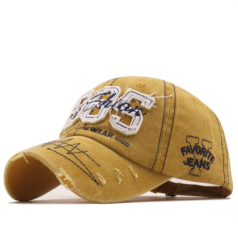 Washed Denim Baseball Cap for Men Women Adjustable Dad Trucker Hat - Yellow, 6 3/4-7 1/2