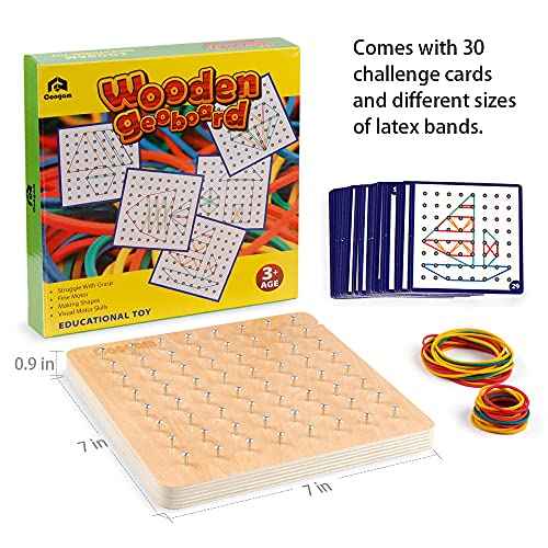 Coogam Wooden Geoboard Mathematical Manipulative Material Array Block Geo Board ? Graphical Educational Toys with 30Pcs Pattern Cards and Latex Bands Shape STEM Puzzle Matrix 8x8 Brain Teaser for Kid