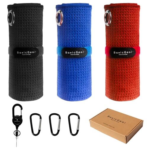 BasicGear Waffle Fishing Towel Set - 3 Pack 16x16 in Black Red Blue