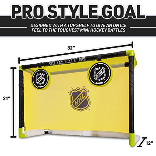 Franklin Sports Mini Hockey Goal Set - Indoor Knee Hockey Goal + (2) Shinny Hockey Sticks - (2) Mini Foam Hockey Balls + Pop Out Shooting Targets - All Star, Yellow, 32" X 21" X 12"