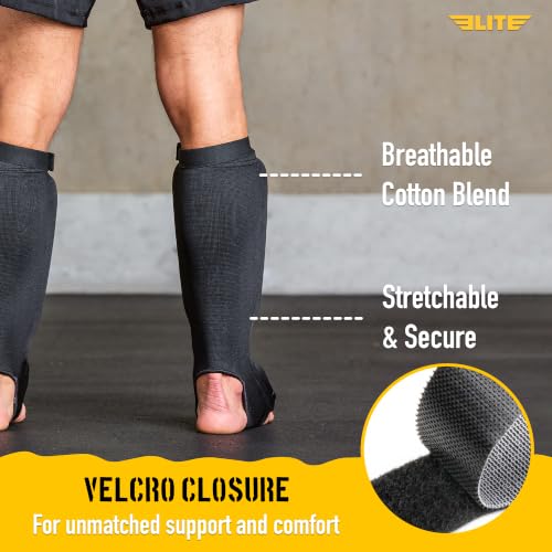 Elite Sports MMA Shin Pads with Instep Guard for Adults & Kids - All Black, L/XL