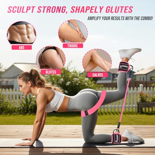 Pink Ankle Resistance Bands Set with Cuffs & Booty Bands for Legs & Glutes