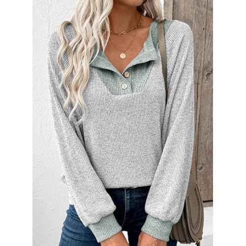 EVALESS Womens Fall Fashion 2025 Womens Long Sleeve Shirts Patchwork Button Up V Neck Sweatshirt Casual Pullover Tops