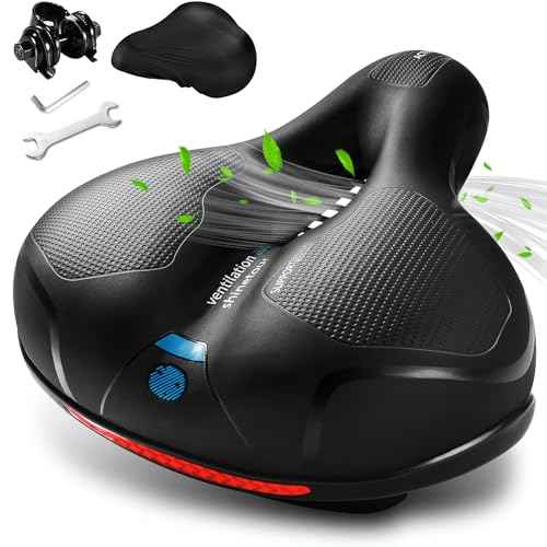 Comfortable Bike Seat, Bike Saddle with Memory Foam Padded, Wide Bicycle Seat with Dual Shock Absorbing and Night Reflective Strips for Men Women