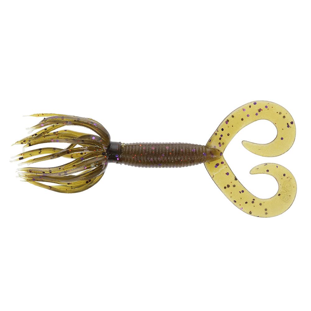 Yamamoto 4" Double Tail Hula Grub - Realistic Easy-to-Use Soft Plastic Fishing Lure Bait with Free-Flowing Skirt - 10 Pack, Green Pumpkin with Purple and Small Copper Flake