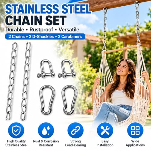 11.8 Inch Stainless Steel Chain Set with 2 D-Shackles & 2 Carabiners - 4MM