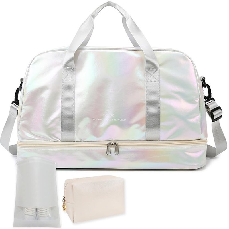 JEWYOCO Gym Bag for Women Sports Travel Duffel Bag with Toiletry Bag Weekender Overnight Carry On Bag with Shoes Compartment Wet Pocket for Women Girls Yoga Dance Tote Workout Hospital Swim Bags White