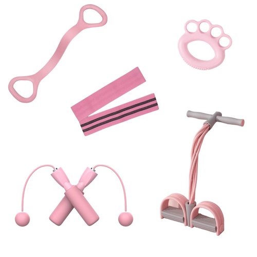 5 PCS Home Fitness Kit, Pink, Includes Jump Rope, Resistance Bands, Pedal Puller, Back Stretcher, Hand Grip