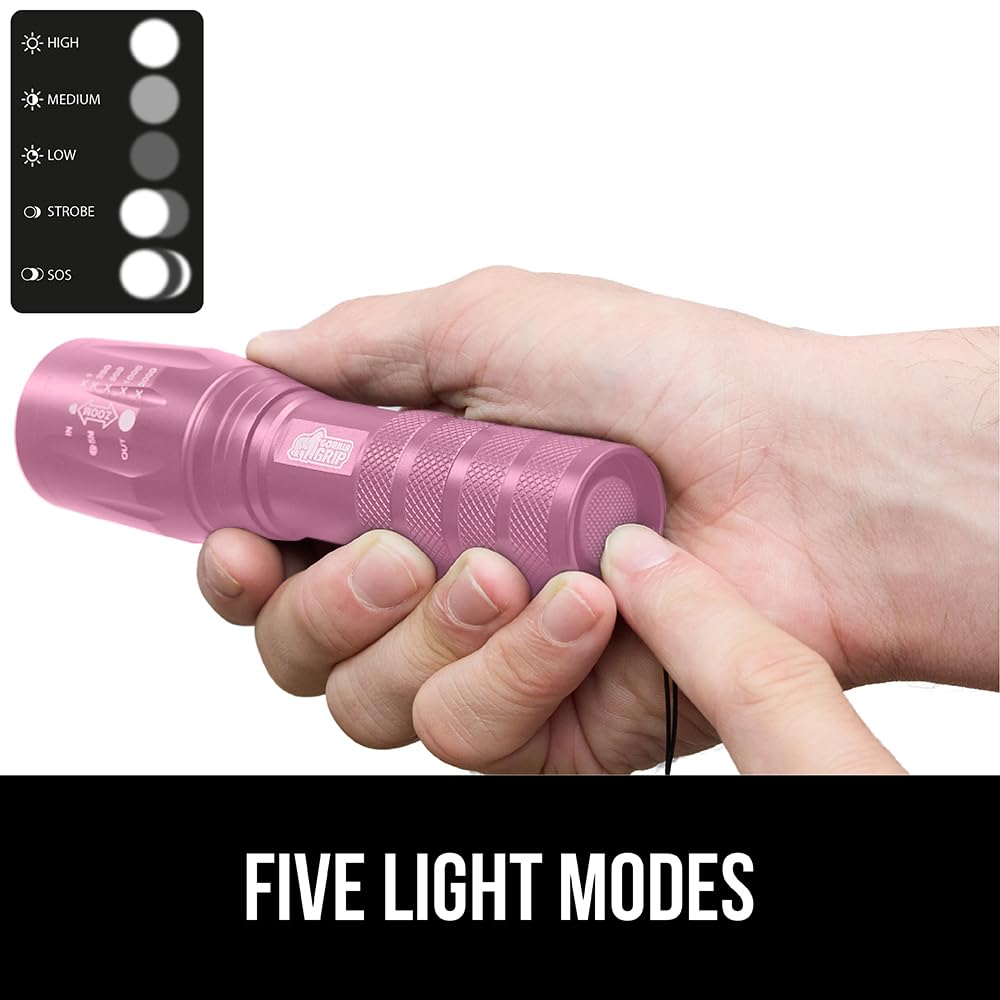 GORILLA GRIP Powerful LED 750 FT Water Resistant 5 Adjustable Mode Tactical Flashlight, High Lumens Ultra Bright Battery Life Zoom Flashlights, Small Camping Car Mini Flash Light Accessories, Pink