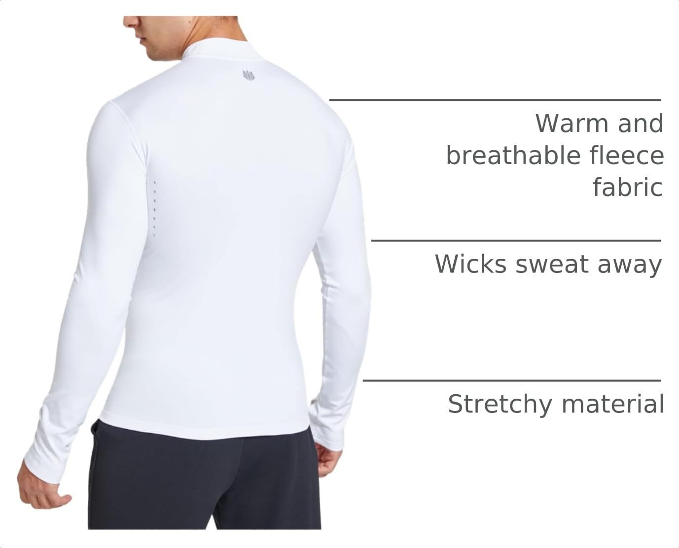 FitsT4 Sports Men's Thermal Shirt Fleece Lined Mock Neck Base Layer Tops Long Sleeve Running Athletic Shirt with Thumbholes White L
