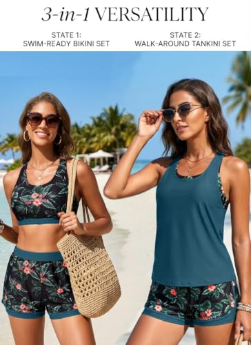X-Large Teal and Floral 3 Piece Tankini Swimsuit Set - Athletic Bathing Suit with Boyshorts