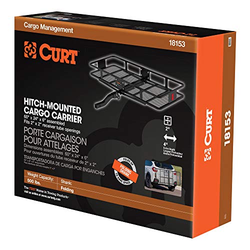 CURT 18153 60 x 24-Inch Basket Hitch Cargo Carrier, 500 lbs Capacity, Black Steel, 2-In Folding Shank