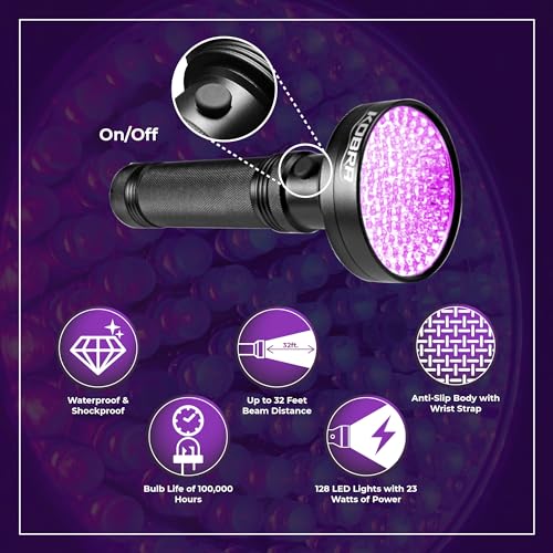 Kobra UV Black Light Flashlight 395nm - 128 LED Portable UV & Black Light with Long Range - Black / 128 LED