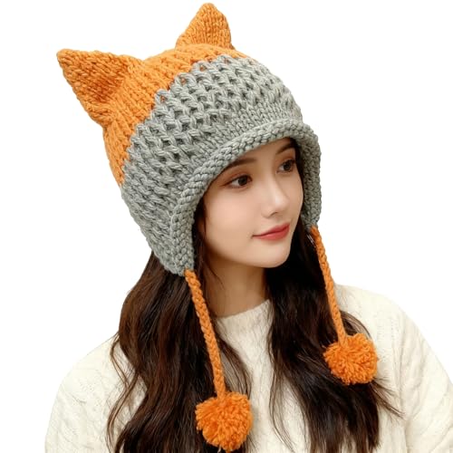 Fox Ears Beanie Hat for Adults - Warm Handmade Knitted Cap with Pom Pom, Patchwork, Orange - Variation of THIS listing
