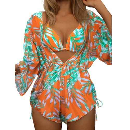 3 Piece Swimsuits for Women Sexy Leaf Print Bikini Set with Tummy Control Mesh Cover Up Tropical Swimsuits XS-XXL