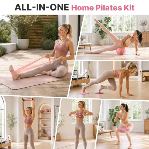 Pink Pilates Equipment Set for Home Workouts - 21 PCS Pilates Kit with Ring & Ball
