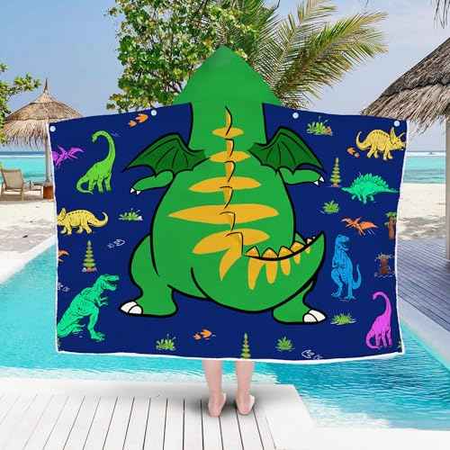 Dinosaur Hooded Beach Towel for Boys, Soft & Absorbent T-Rex Dinosaur Poncho Towel, 30¡±x50¡± Green Blue Bathrobe for Kids Cool Cartoon, Quick Dry Swim, Pool, and Bath Time