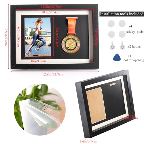 13 x 9.5 Inch Medal Display Shadow Box Frame for Runners & Sports Awards - Black