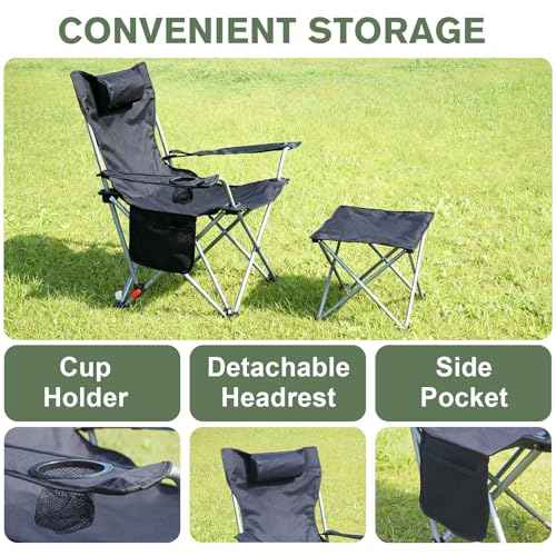 Portable Camping Chair with Footrest Folding Lounge Chair, Reclining Chair for Outside with Cup Holder, Side Pocket and Pillow, Heavy Duty Collapsible Chair for Sports,Outdoors & Lawns