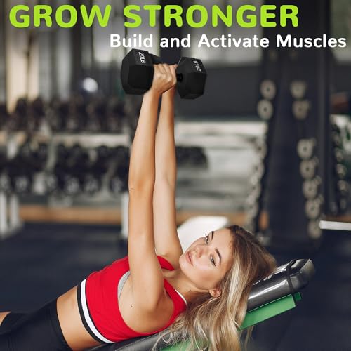 Fitvids Rubber Encased Exercise & Fitness Hex Dumbbell, Hand Weights with Anti-Slip Metal Handle for Home Gym, Multiple Sizes