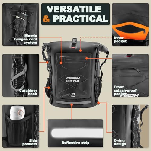 OSAH DRYPAK Waterproof Backpack Dry Bag 35L Black Heavy Duty Roll-Top Hiking
