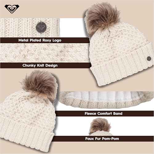Roxy Women's Blizzard Beanie - Chunky Knit Winter Hat with Faux Fur Pom, Fleece-Lined