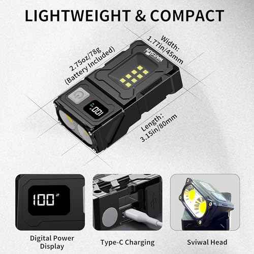 WARSUN DC08 Swivial LED Flashlight Rechargeable, 800 Lumens Mini Work Lihgt, Small EDC Flashlight Clip On with Back Clip, Magnetic Flashlight, for Emergency, Walk Dog, Working, Hiking, Camping