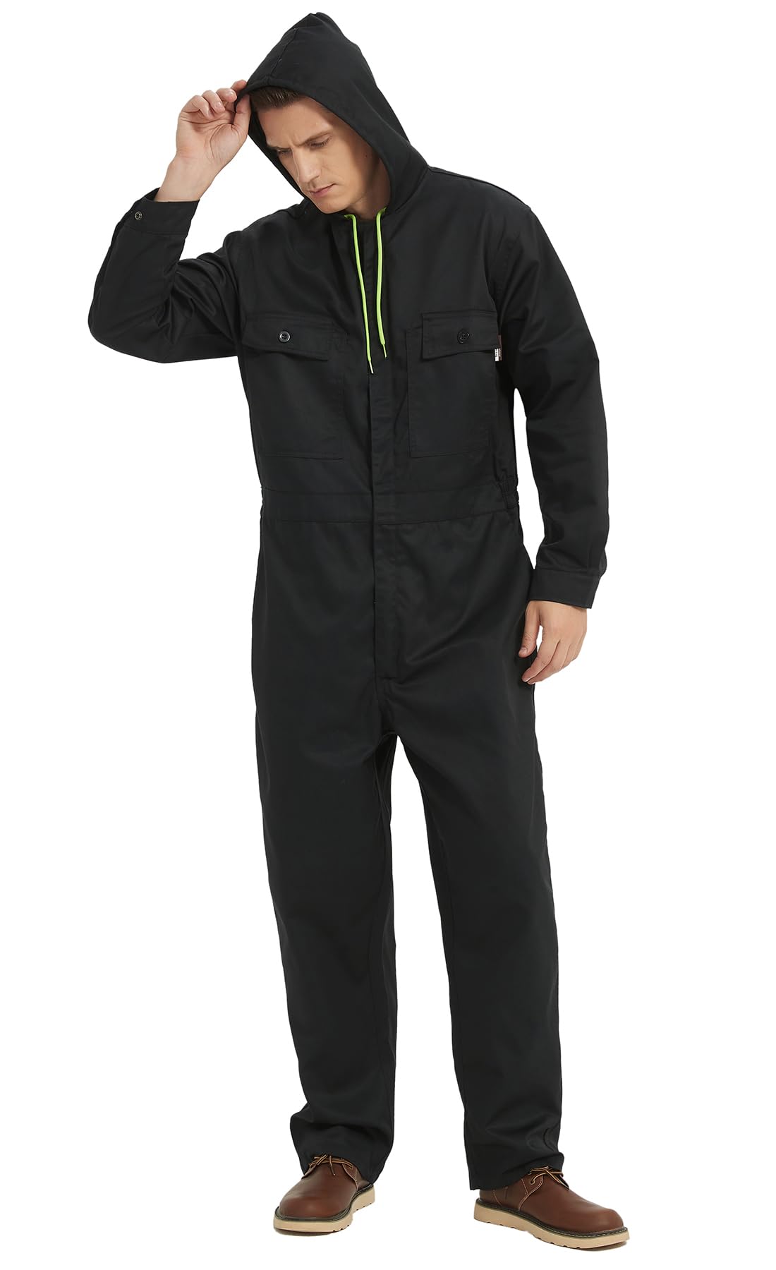 Yukirtiq Mens Cotton Blend Long Sleeve Coverall Multi Pockets Zip Overall Mechanic Work Jumpsuit with Hood, Black, S