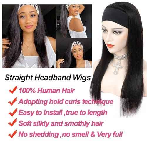 12 Inch Short Straight Headband Bob Wigs Glueless Headband Wig Human Hair Short Straight half wigs for Black Women 180% Density No Lace Headband Wig Natural Color Easy Put On