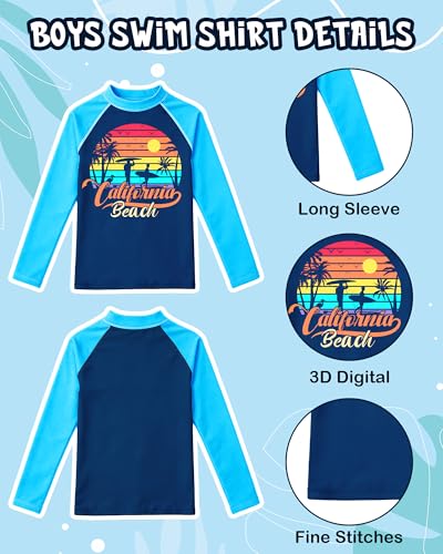 Kids Boys Swim Set with Trunks & Rash Guard - Blue Beach & Coconut Tree, Size 5-6 Years