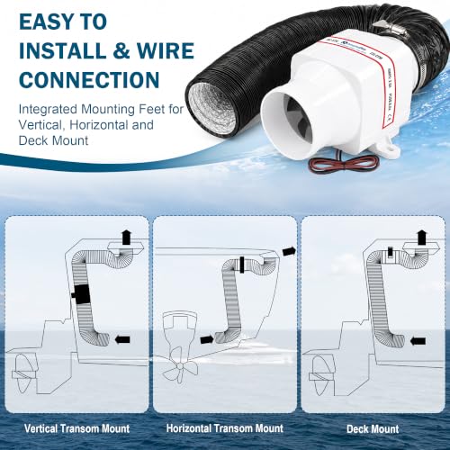 3-Inch Marine Bilge Blower Fan with 10ft Hose - 12V In-Line Boat Ventilation