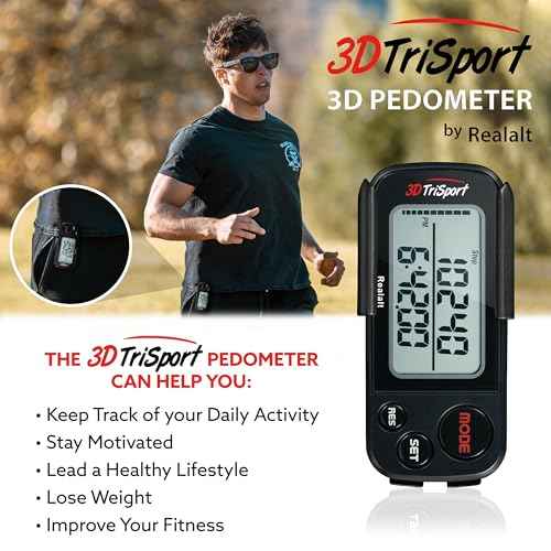Realalt 3DTriSport Walking 3D Pedometer with Clip & Strap, eBook Included 30 Days Memory Accurate Step Counter, Walking Distance Miles/Km, Calorie Counter, Daily Exercise Time Monitor