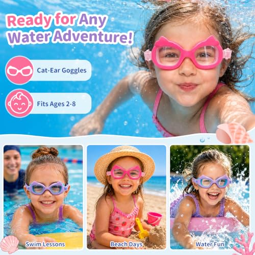 Toddler Swim Goggles with Cat Ears & Strawberry Scale - Anti-Fog, Fabric Strap, Age 2-8