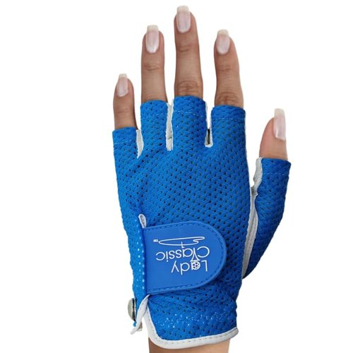 Lady Classic Women's Mesh Half Finger Golf Glove – Cabretta Leather Palm, Breathable Mesh Back, Flexible Grip, Long-Lasting with Removable Ball Marker – Left Hand/White/Neon Blue/Medium