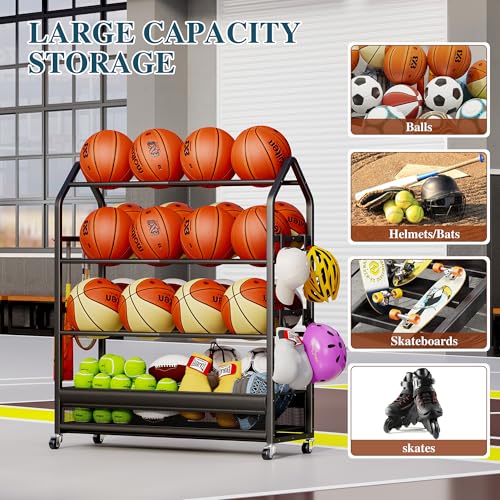 Homeiju Sports Equipment Organizer with 4-Tier Ball Storage & Hooks