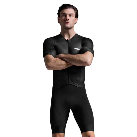 2XU Men's Aero Hex Sleeved Tri Suit (US, Alpha, XX-Large, Regular, Regular, Standard, Black/White)