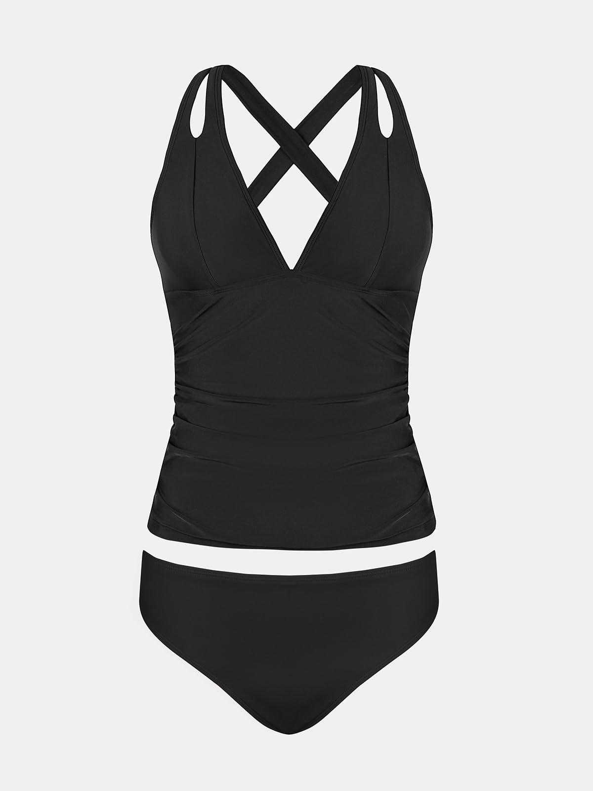 CUPSHE Women's Tankini Set Two Piece Swimsuit Mid Rise V Neck Crisscross Adjustable Straps Cutout Ruched, M Black
