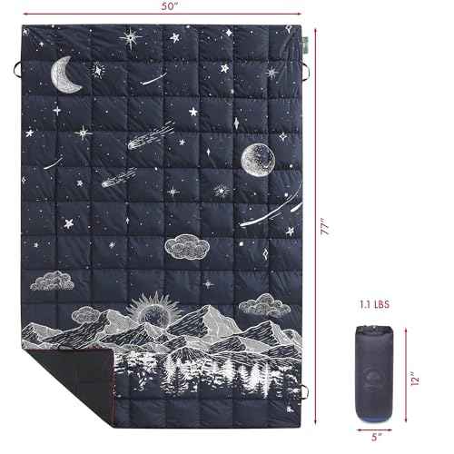 Down Camping Blanket, Ultralight Compact Packable Throw with Snaps for Outdoor Indoor, Travel Stadium Concert Picnic Beach, Puffy 650 Fill Down Water-Resistant Quilt (Midnight Sunrise)
