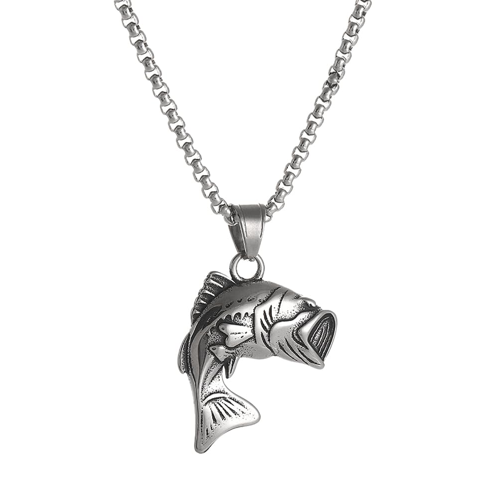 BaBakiak Largemouth Bass Fish Necklace, Fisherman Stainless Steel Jumping Bass Pendant