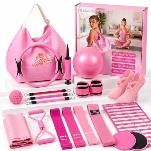 Pink Pilates Equipment Set for Home Workouts - 21 PCS Pilates Kit with Ring & Ball