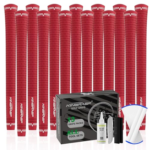Golf Club Grips Set - Standard, MidSize, Oversize, 5 Colors, Rubber, Kingrasp, Red (13 Grips + Repair Kit)